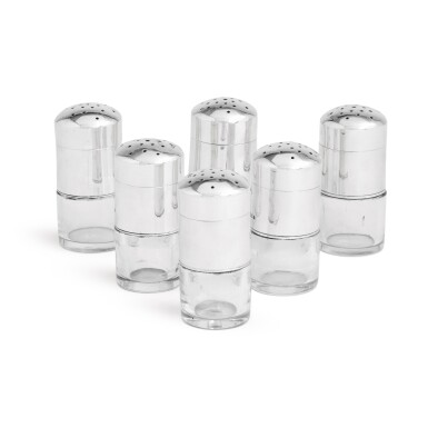 View full screen - View 1 of Lot 22. A cased set of six Edwardian silver-mounted salt or pepper shakers, Harman & Co, London 1908.