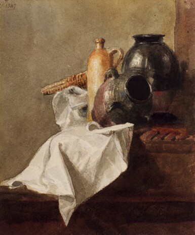 View full screen - View 1 of Lot 203. Still life with a bottle, a jug and a napkin.