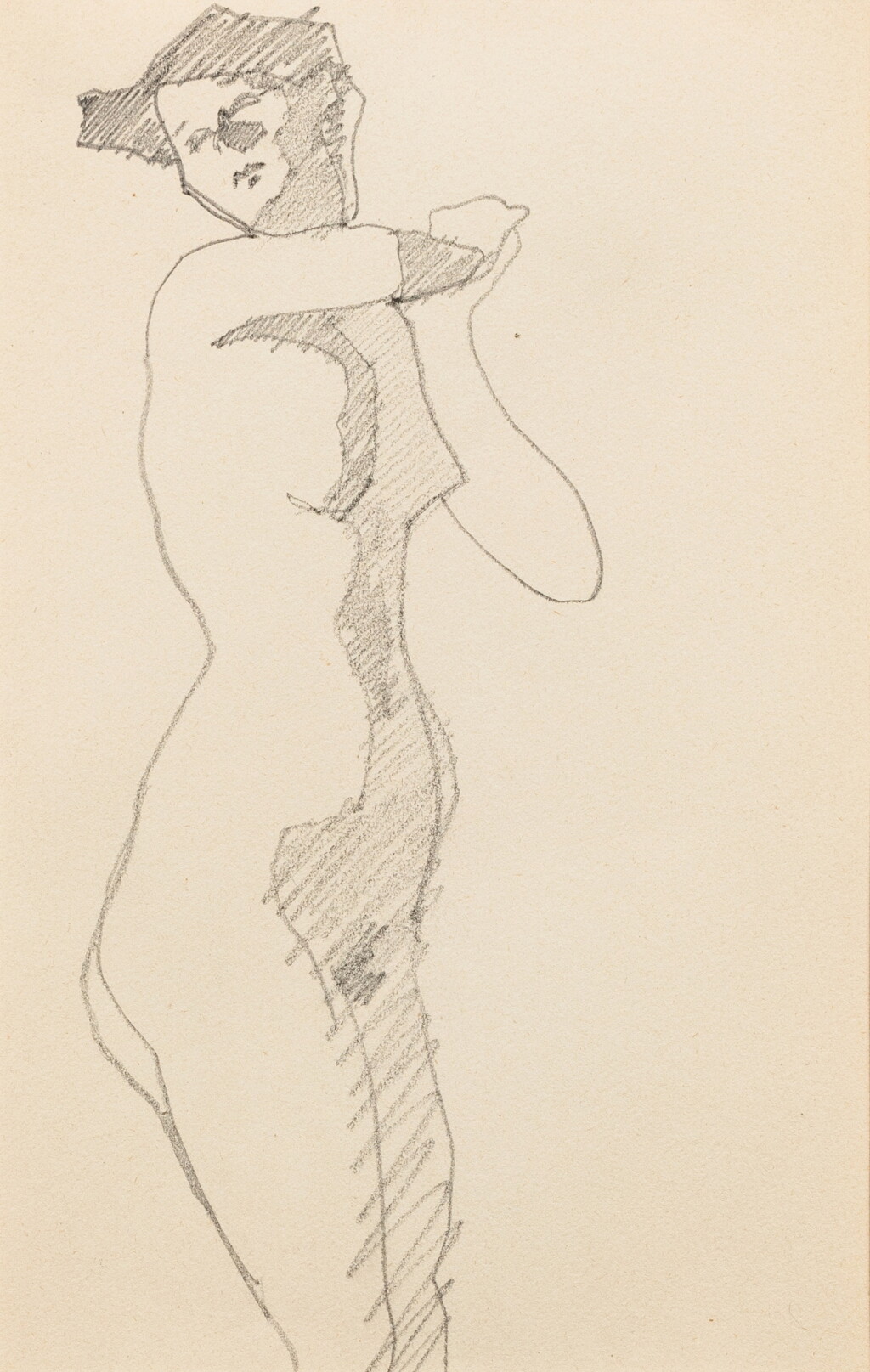 View full screen - View 1 of Lot 241. Femme nue debout de trois quarts vers la droite, mains réunies au niveau de l'épaule gauche (recto); Cinq têtes d'hommes dont un autoportrait de Modigliani (verso).