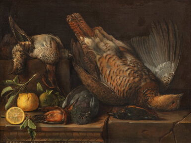 View full screen - View 1 of Lot 117. Still Life with Fruit and Birds | Nature morte aux bigarades et aux oiseaux.
