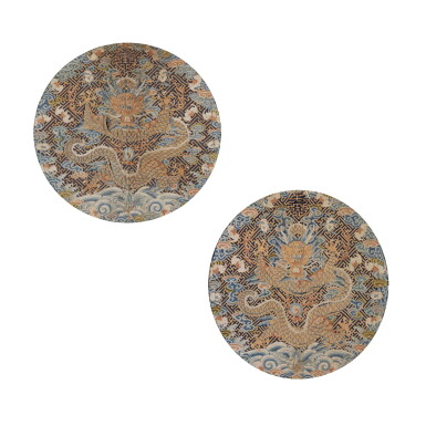 View full screen - View 1 of Lot 42. A pair of Kesi 'dragon' roundels, Qing dynasty, Yongzheng period | 清雍正 緙絲雲龍戲珠紋補子一對.