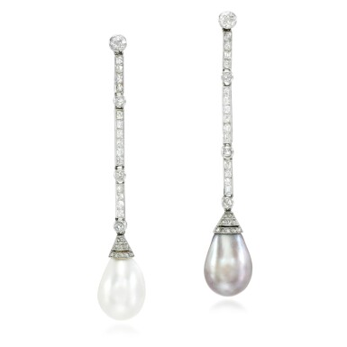 View full screen - View 1 of Lot 34. Pair of natural pearl and diamond earrings, circa 1915.