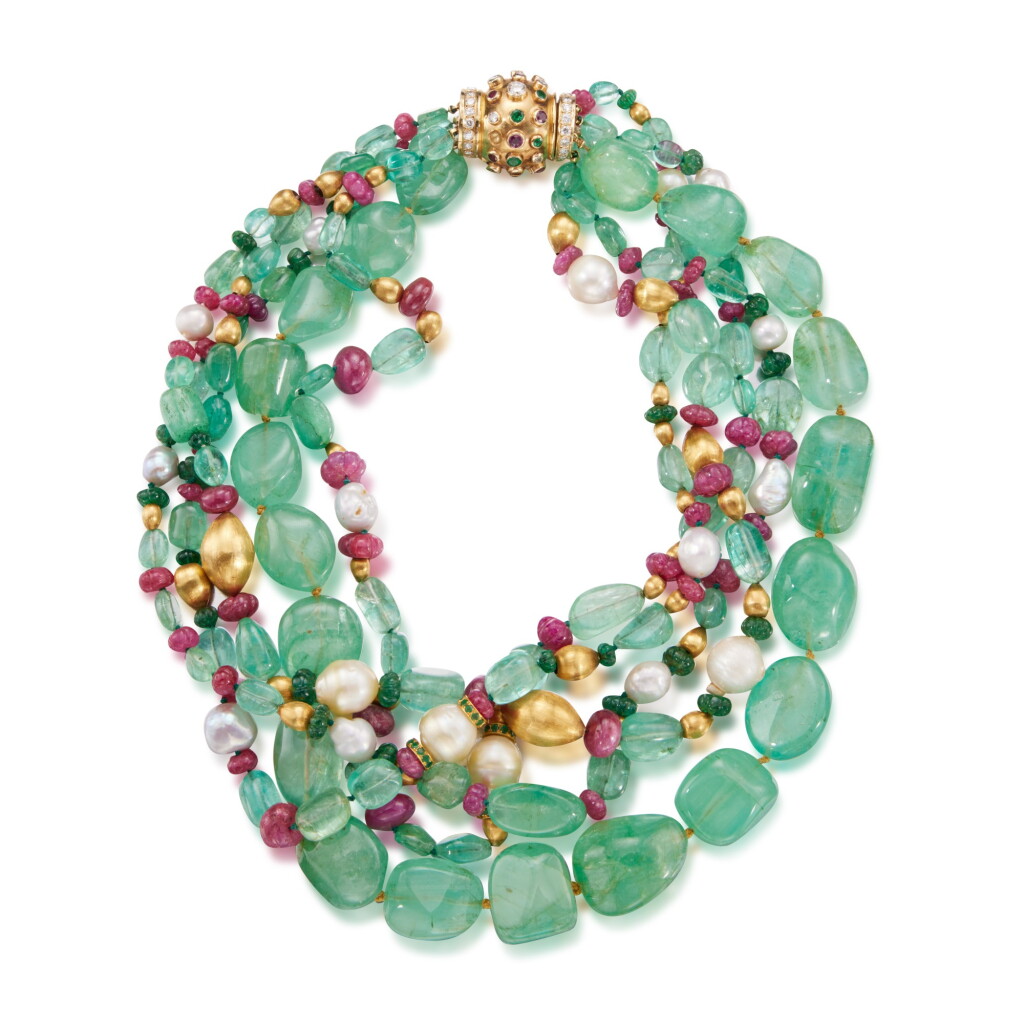 View full screen - View 1 of Lot 66. Emerald, Ruby, Cultured Pearl and Diamond Necklace.