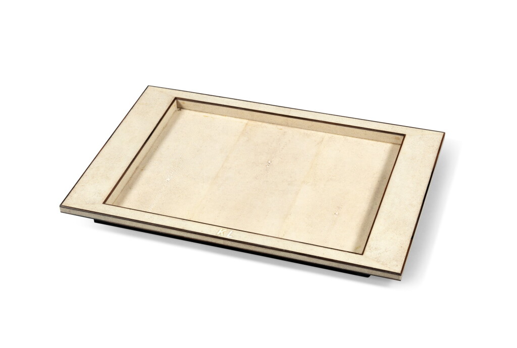 View full screen - View 1 of Lot 1008. A shagreen, bone and santos tray monogrammed KL | Plateau en galuchat, os et santos monogrammé KL.