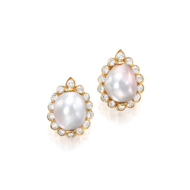 View full screen - View 1 of Lot 69. Van Cleef & Arpels | Pair of Natural Pearl and Diamond Earclips.