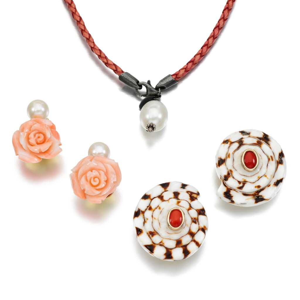 View full screen - View 1 of Lot 91. Pair of coral and cultured pearl earrings.