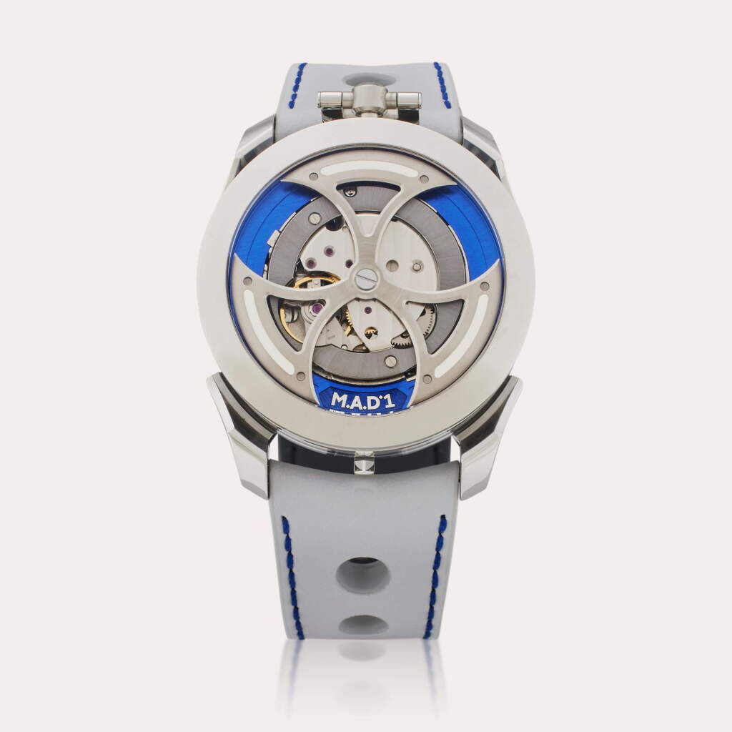 View full screen - View 1 of Lot 202. M.A.D.1 | A stainless steel semi-skeletonised wristwatch with lateral time display and triple-blade winding rotor, Made in collaboration with MB&F, Circa 2021.