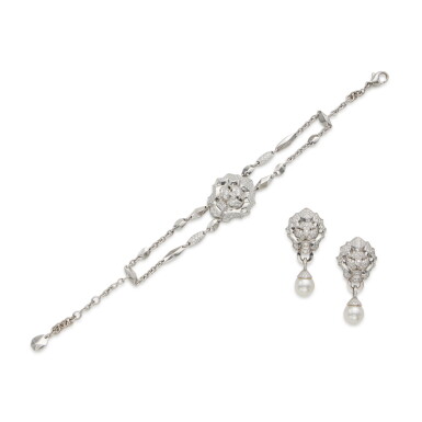 View full screen - View 1 of Lot 253. Diamond 'Sous la Signe du Lion' Bracelet and Pair of Cultured Pearl and Diamond Earclips, France.