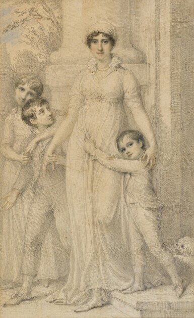 View full screen - View 1 of Lot 128. Portrait of Mrs Richard Walker, née James (1769-1801) with her sons Richard (1792-1852) and John (1795-1837) and her step-daughter Elizabeth (1789-1804) .
