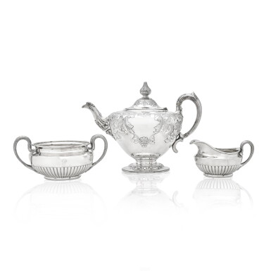 View full screen - View 1 of Lot 539. A composite George III and Victorian silver tea service, the sugar bowl and cream jug, William Burwash, London, 1814; the tea pot, Hayne & Carter, London, 1849.