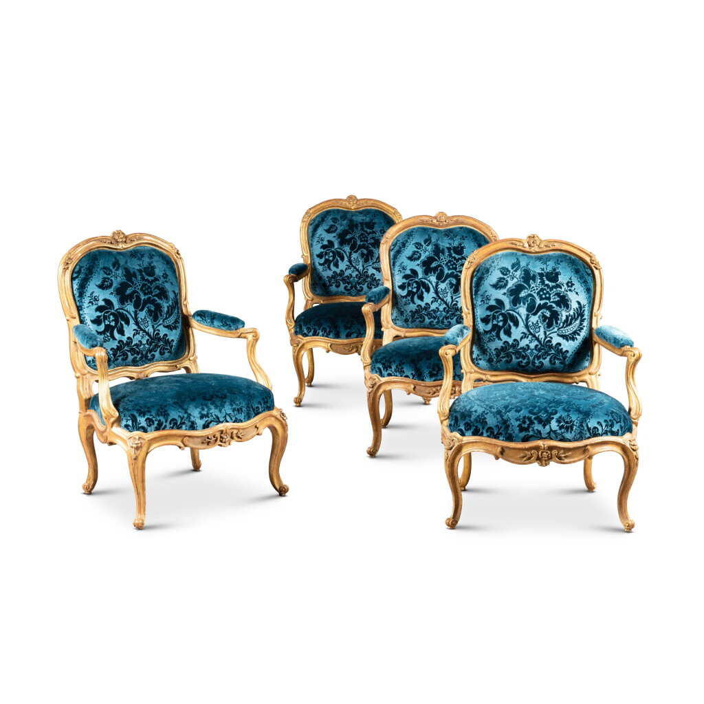 View full screen - View 1 of Lot 25. A suite of four Louis XV giltwood armchairs à châssis, three, circa 1750, stamped by Nicolas Heurtaut, one later | Suite de quatre fauteuils à châssis en bois doré dont trois d'époque Louis XV, vers 1750, estampille de Nicolas Heurtaut, un fauteuil d'époque postérieure.