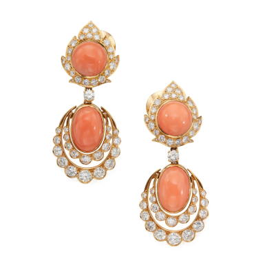 View full screen - View 1 of Lot 102. Pair of Coral and Diamond Pendant-Earclips.