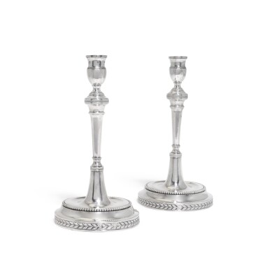 View full screen - View 1 of Lot 103. A pair of Austrian silver candlesticks, maker's mark FS(?), possibly Frantz Stark, Vienna, 1820.