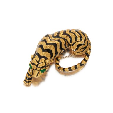 View full screen - View 1 of Lot 594. Gold, Emerald and Enamel Clip-Brooch.