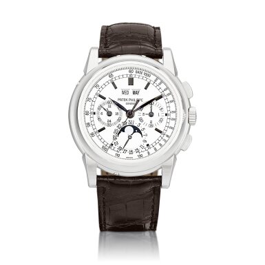 View full screen - View 1 of Lot 2256. Reference 5970 | A white gold perpetual calendar chronograph wristwatch with day, date, moon phases, 24 hours and leap year indication, Circa 2006 | 百達翡麗 | 型號5970 | 白金萬年曆計時腕錶,備日期、星期、月相、24小時及閏年顯示,約2006年製.