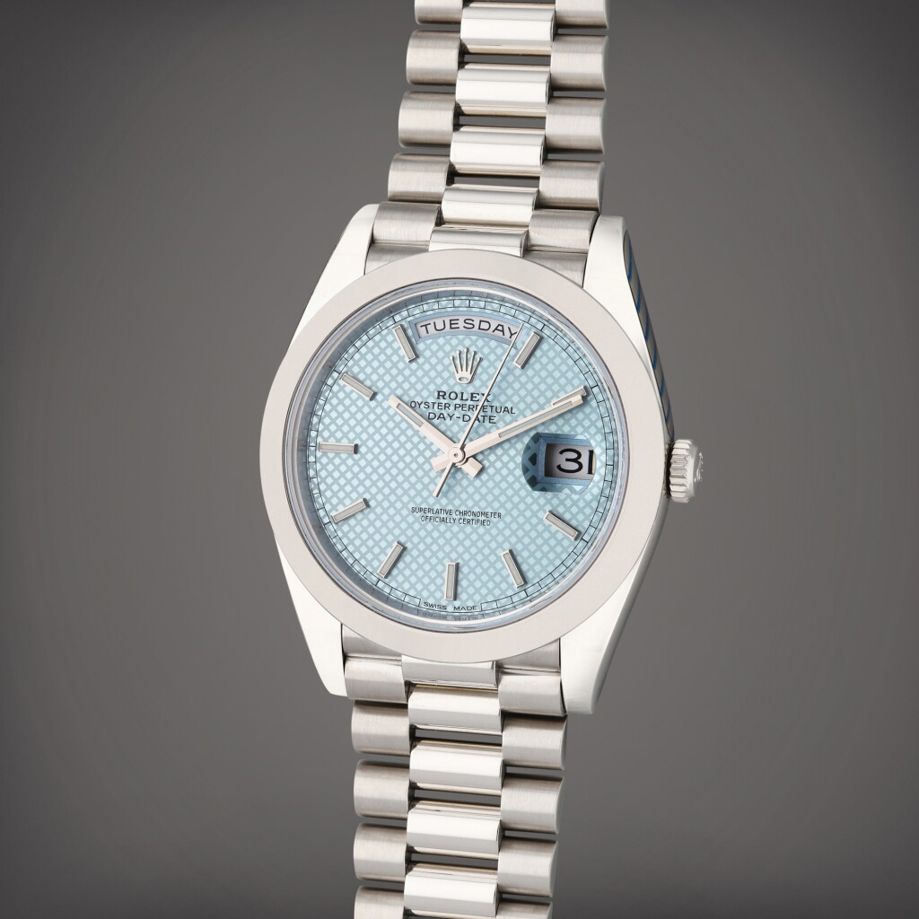 View full screen - View 1 of Lot 8. Reference 228206 Day-Date | A platinum automatic wristwatch with day, date, and bracelet, Circa 2020.