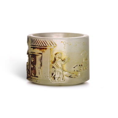 View full screen - View 1 of Lot 229. A LACQUERED PALE CELADON JADE THUMB RING, QING DYNASTY, 19TH CENTURY | 清十九世紀 青白玉御題詩扳指.