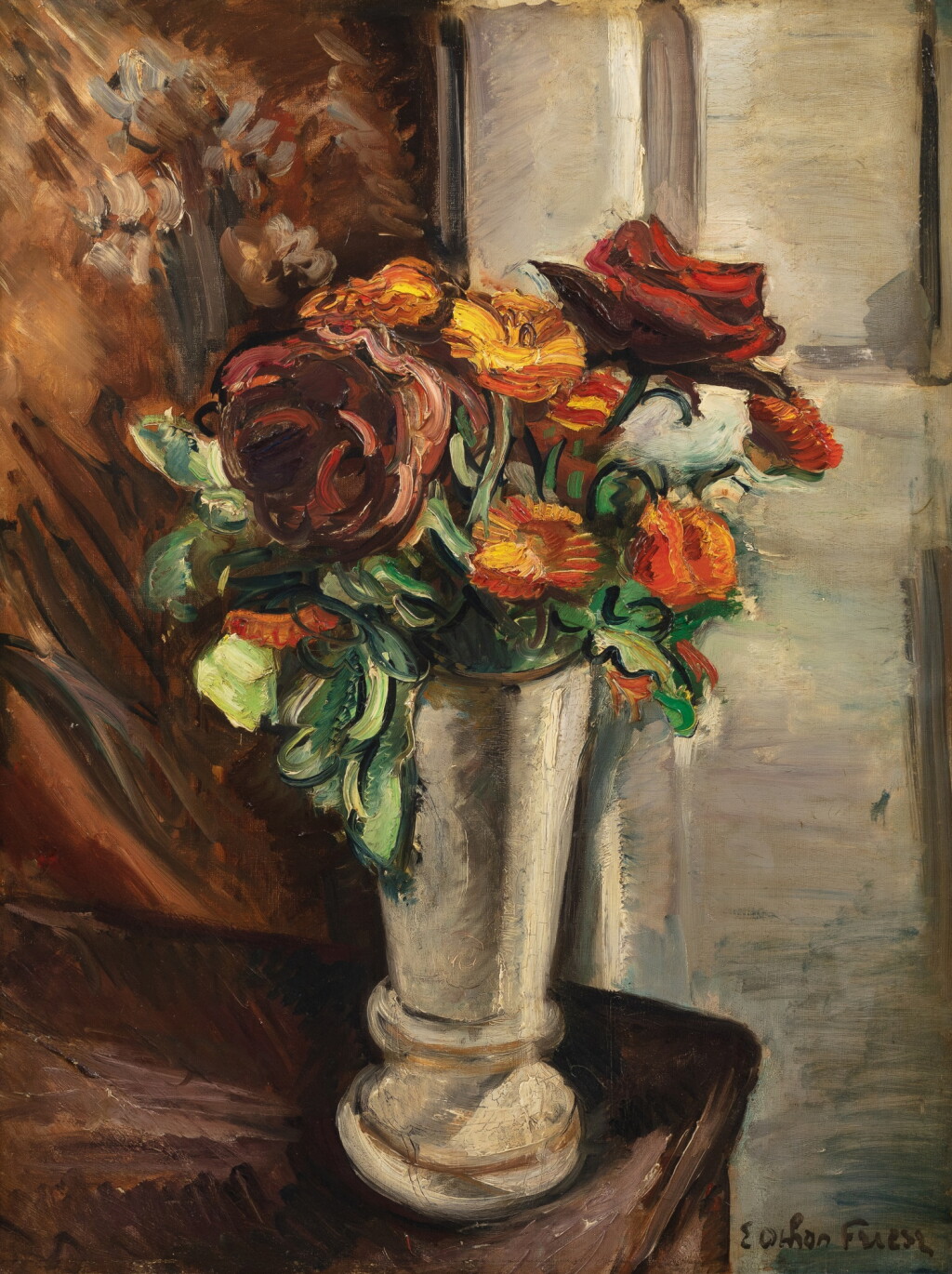 View full screen - View 1 of Lot 107. Bouquet de fleurs sur un entablement.