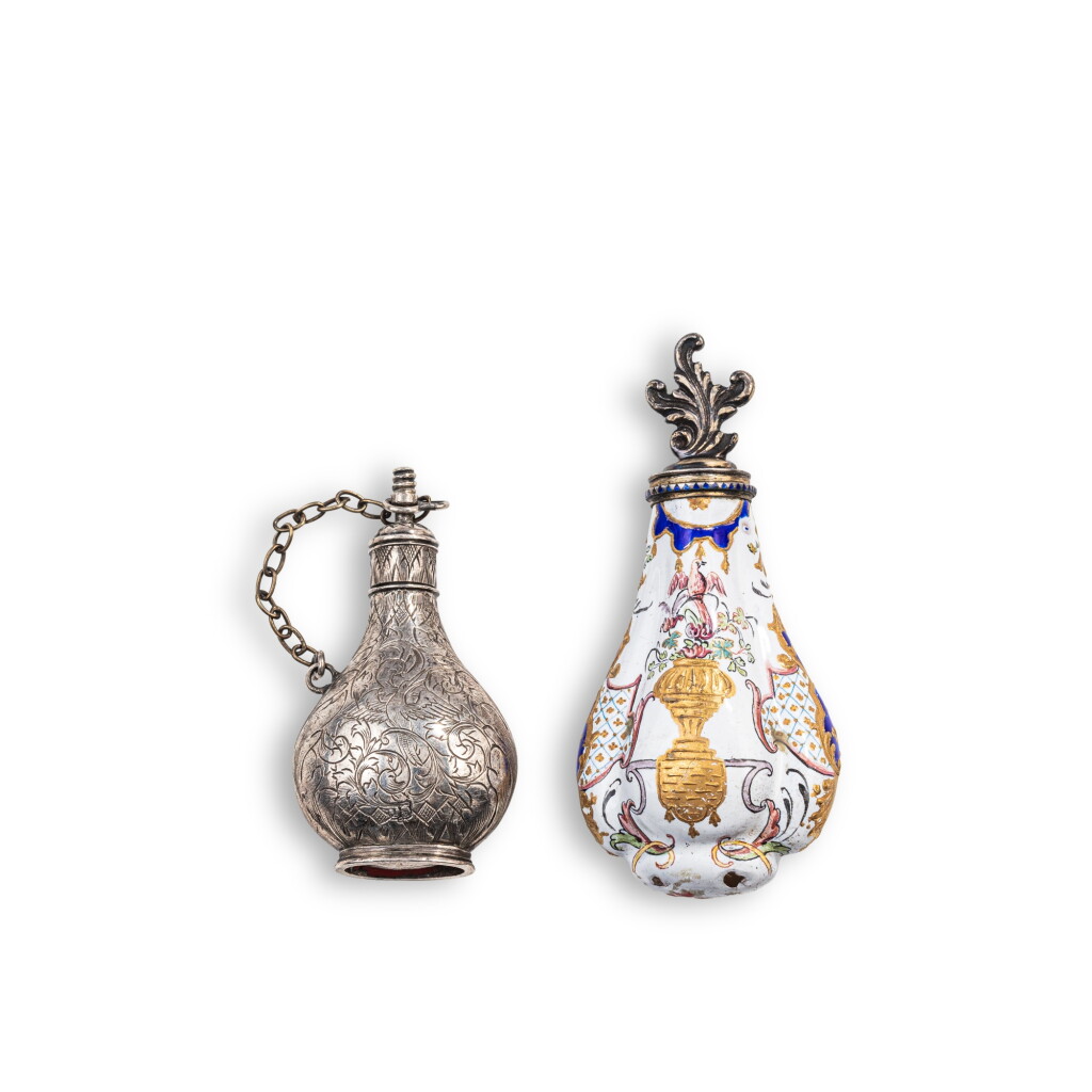 View full screen - View 1 of Lot 604. A silver and an ‘Email de Saxe’ scent bottle, England, circa 1680-1690, and possibly Pierre Fromery, Berlin, circa 1730.