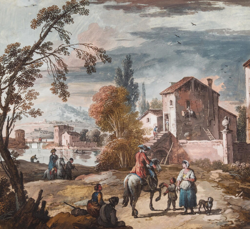 View full screen - View 1 of Lot 216. A) A river landscape with peasants and gentleman on horseback B) A river landscape with peasants and animals.