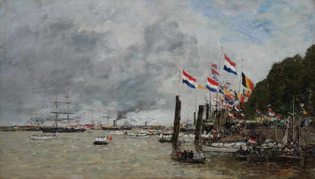 View full screen - View 1 of Lot 16. EUGÈNE BOUDIN | ANVERS. LA FLOTTE ANGLAISE VIENT PRENDRE LES RESTES DES SOLDATS ENTERRÉS DANS LA CITADELLE.