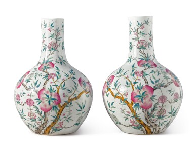 View full screen - View 1 of Lot 504. A pair of famille-rose 'peach' vases (Tianqiuping), Qing dynasty, 19th century.