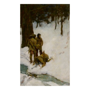 View full screen - View 1 of Lot 54. N. C. WYETH | UNTITLED (THREE INDIANS AT A STREAM IN SNOWY WOODS).