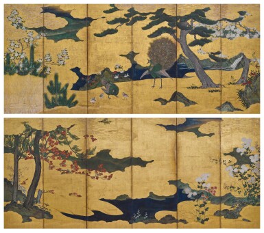 View full screen - View 1 of Lot 2145. Attributed to the Kano school, Birds and flowers in spring and autumn, Momoyama – Edo period, early 17th century | 狩野派 春秋花鳥図屏風 桃山~江戸時代初期 17世紀初頭.