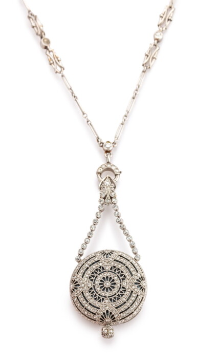View full screen - View 1 of Lot 122. C.H. MEYLAN | A PLATINUM, GOLD, ENAMEL AND DIAMOND-SET MINIATURE OPENFACE KEYLESS PENDANT WATCH WITH CHAIN, CIRCA 1910.