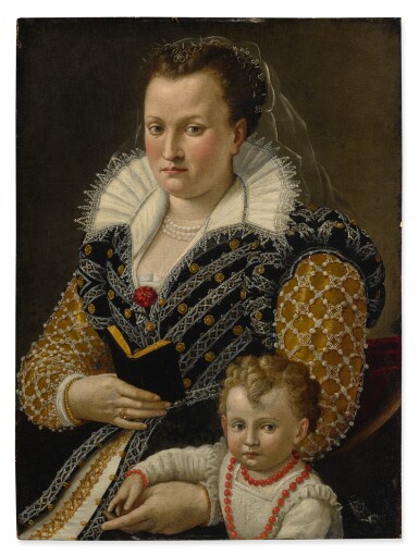 View full screen - View 1 of Lot 6. SEBASTIANO MARSILI | PORTRAIT OF ALESSANDRA DI VIERI DE’ MEDICI (B. 1549) AT AGE 32 WITH HER SON OTTAVIANO (B. 1577), THREE-QUARTER LENGTH.