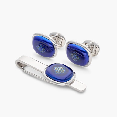 View full screen - View 1 of Lot 306. Ellipse | A set of white gold and enamel cufflinks with matching tie clip, Circa 1980.