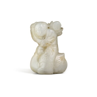 View full screen - View 1 of Lot 201. A WHITE JADE BOY AND GOOSE GROUP, QING DYNASTY, 19TH CENTURY | 清十九世紀 白玉童子騎鵝把件.