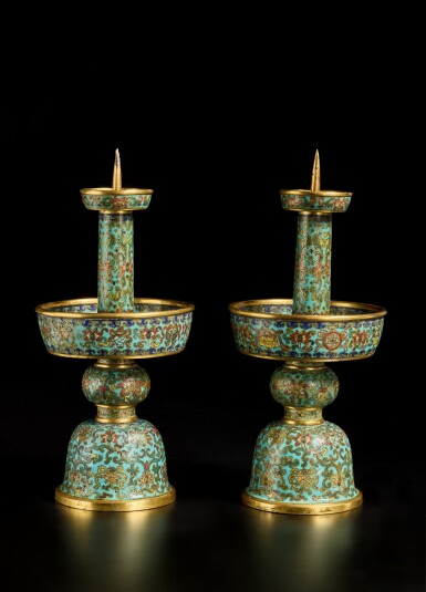 View full screen - View 1 of Lot 182. A pair of cloisonné enamel 'Eight Buddhist Emblems' candlesticks, Qing dynasty, 18th century.