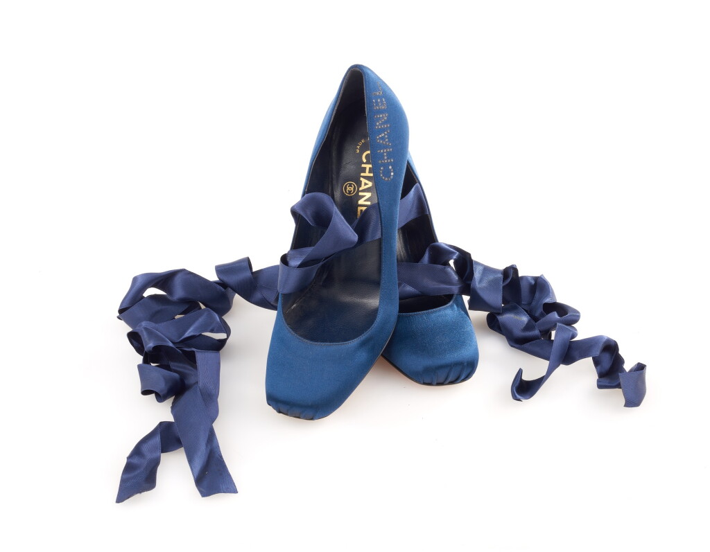 View full screen - View 1 of Lot 30. PAIR OF BLUE SATIN PUMPS, CHANEL.