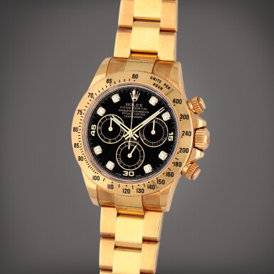 View full screen - View 1 of Lot 270. Daytona, Reference 116528 | A yellow gold and diamond-set chronograph wristwatch | Circa 2012.