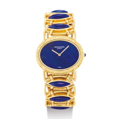 View full screen - View 1 of Lot 2210. PATEK PHILIPPE | REFERENCE 4290 A YELLOW GOLD AND LAPIS LAZULI-SET BRACELET WATCH, CIRCA 1975 " | 百達翡麗 | 型號4290 黃金及青金石鏈帶腕錶,機芯編號1277738,錶殼編號2765631,約1975年製".