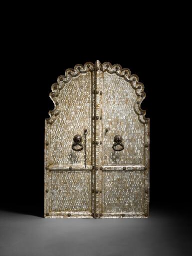 View full screen - View 1 of Lot 173. A pair of mother-of-pearl wooden window shutters, India, Gujarat, 18th century.