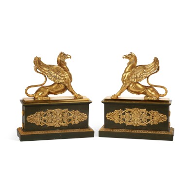 View full screen - View 1 of Lot 219. A Pair of Empire Gilt and Patinated Bronze Chenets, First Quarter 19th Century.