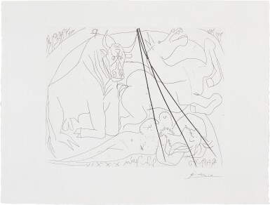 View full screen - View 1 of Lot 102. Taureau mourant agenouillé devant femme nue morte, from la suite Vollard (B. 221; Ba. 427).