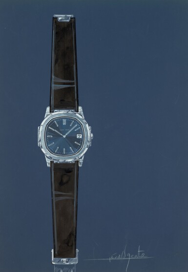 View full screen - View 1 of Lot 2. An unproduced and unpublished original prototype design of the Patek Philippe Nautilus, painted by Gérald Genta, with accompanying NFT, Circa 1976 | 傑洛・尊達 一幅未經生產及未發表的百達翡麗 Nautilus 系列原型設計圖,由傑洛・尊達繪製並附帶 NFT 証書,約1976年製.