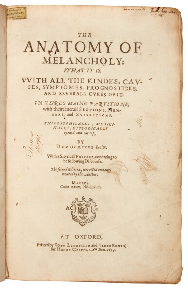 View full screen - View 1 of Lot 175. Robert Burton | The Anatomy of Melancholy... The Second Edition, corrected and augmented, 1624, contemporary calf.