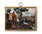 An important pietra dura panel depicting a Landscape with a village beside a river | Un important panneau en pierres dures représentant un Paysage avec une chapelle et village au bord d'une rivière