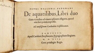 View full screen - View 1 of Lot 36. Belon, De aquatilibus, Paris, Estienne, 1553, contemporary limp vellum.