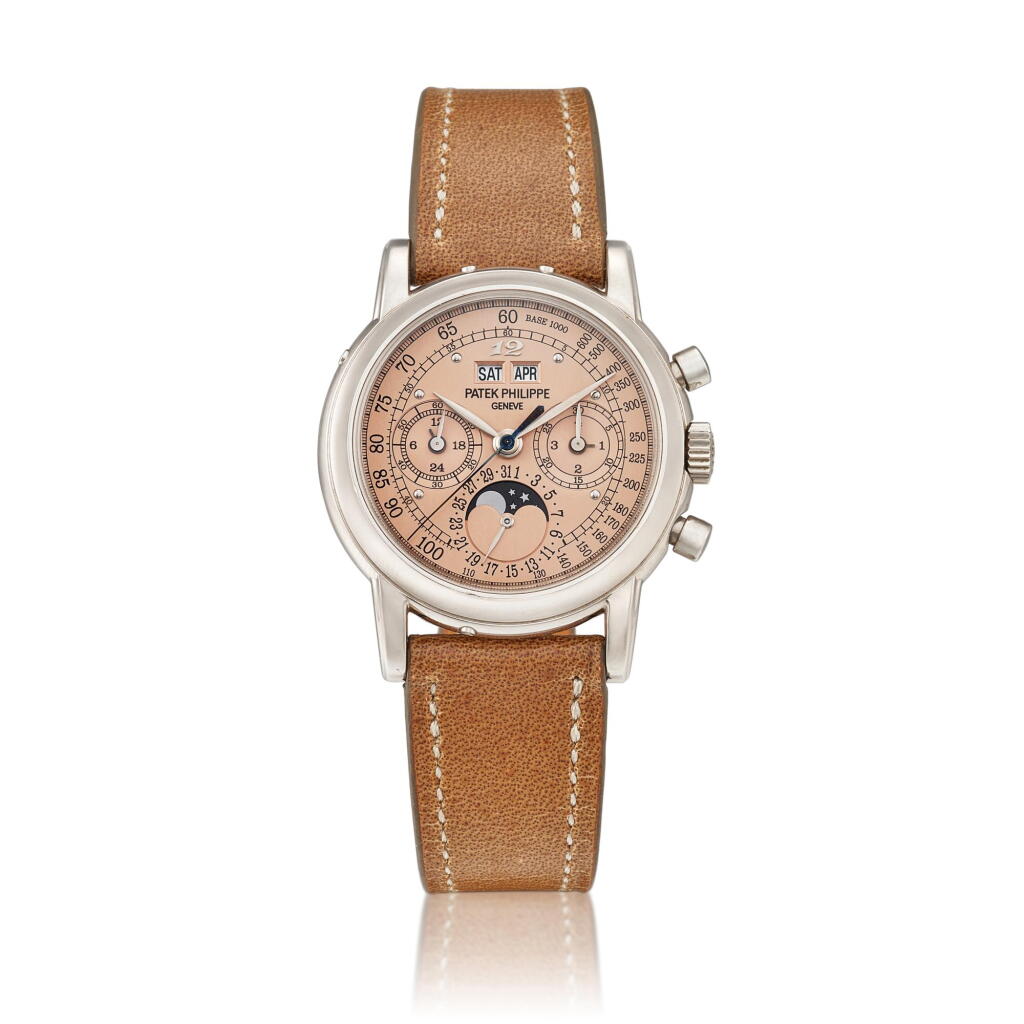 View full screen - View 1 of Lot 2207. Reference 3970 | A highly important and possibly unique white gold perpetual calendar chronograph wristwatch with moon phases, 24 hours, leap year indication, Breguet numerals at 12 o'clock and special salmon tachymetre dial, Made in 2008, Formerly in the collection of Eric Clapton, CBE | 百達翡麗 | 型號3970 | 非常重要及獨特白金萬年曆計時腕錶,備月相、24小時、閏年顯示、12時寶璣式時標及特製鮭魚色測速錶盤,2008年製,原為 Eric Clapton, CBE 收藏.