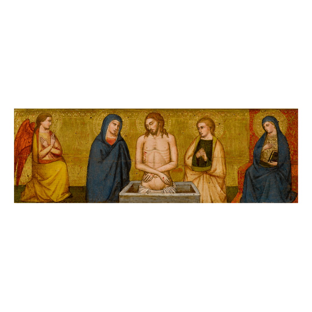 View full screen - View 1 of Lot 11. Sold Without Reserve | MASTER OF THE LAZZARONI MADONNA | VIR DOLORUM BETWEEN THE VIRGIN AND SAINT JOHN THE EVANGELIST; ON EITHER SIDE, THE ANNUNCIATE ANGEL AND VIRGIN.
