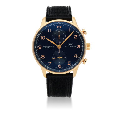 View full screen - View 1 of Lot 659. IWC | PORTUGIESER, REF 3714 PINK GOLD CHRONOGRAPH WRISTWATCH CIRCA 2000.