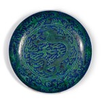 A blue-ground green-enameled ‘dragon’ dish, Mark and period of Kangxi | 清康熙 青花地綠彩趕珠雲龍紋盤 《大清康熙年製》款