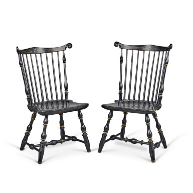 View full screen - View 1 of Lot 300. Pair of Black-Painted Scroll-Carved Fan-Back Windsor Side Chairs, Boston, Massachusetts, Circa 1790.