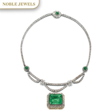 View full screen - View 1 of Lot 163. EMERALD AND DIAMOND NECKLACE.