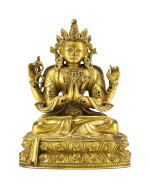 A GILT-BRONZE FIGURE OF SADAKSHARI, QING DYNASTY, KANGXI PERIOD | 清康熙 鎏金銅四臂觀音像